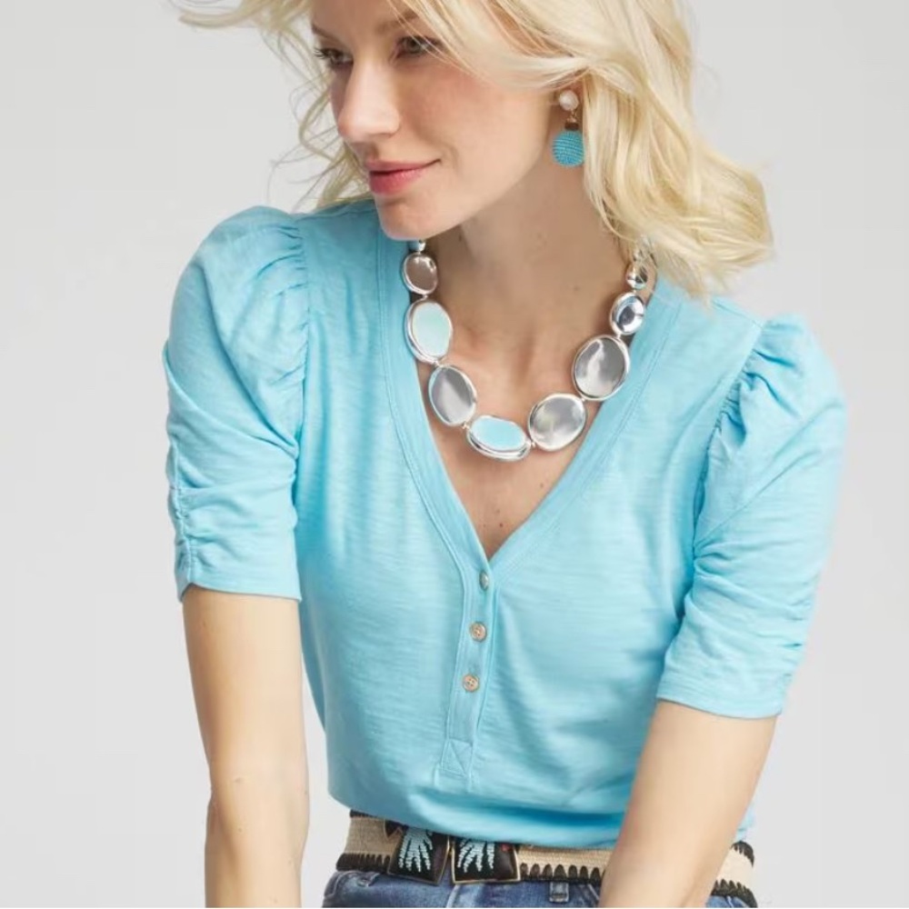 Chico's Womens Paradiso Blue Henley Shirred Sleeve Top NWT XL / sz 3 - Picture 2 of 7
